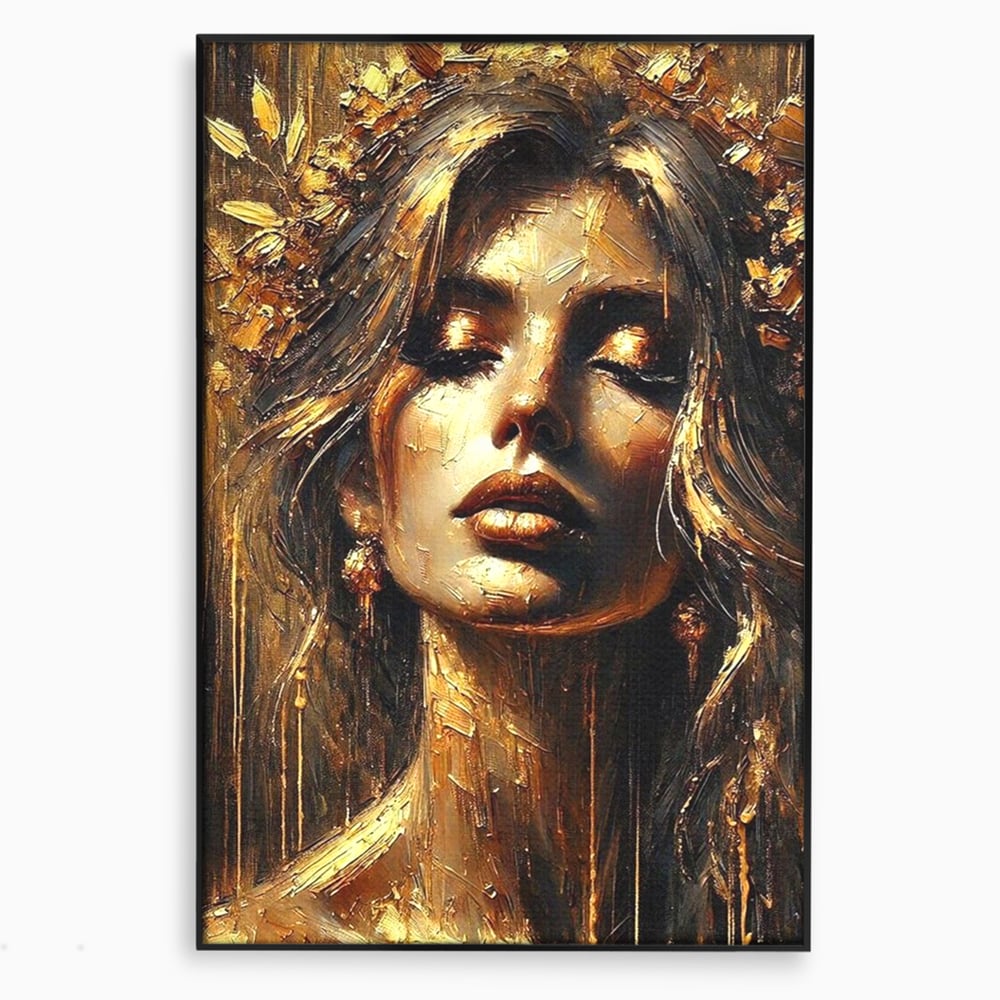 Tablou canvas cu tablou canvas cu portret de femeie aurita, in rama de aluminiu negru
